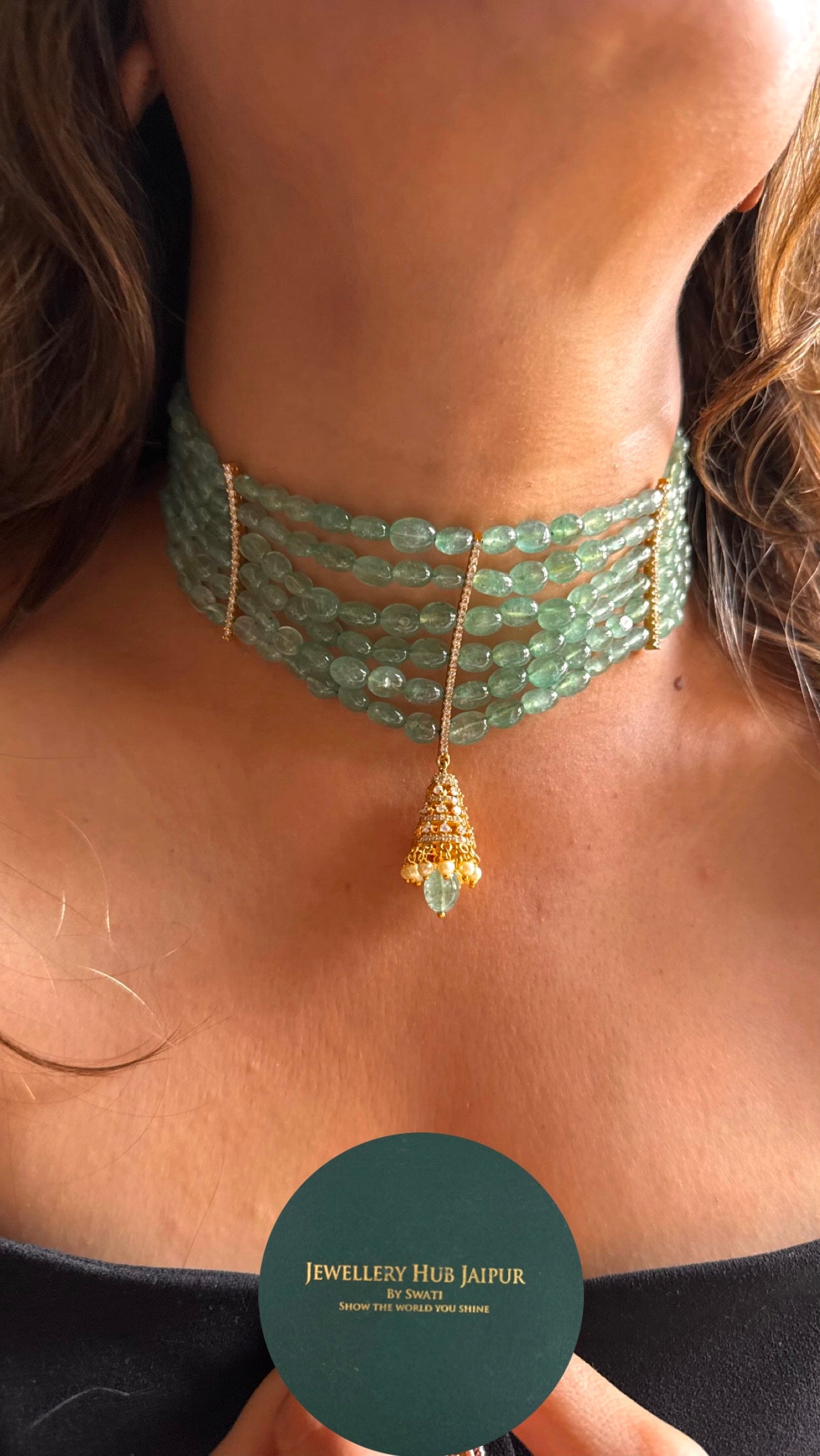 Designer jumki pendant with mint pearl detailing choker
