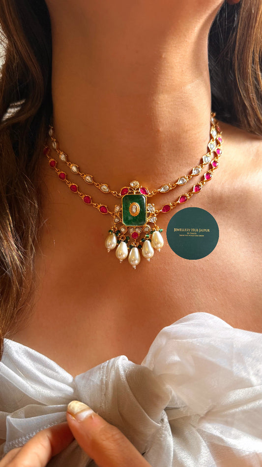 Amrapali inspired Emerald inlay carving with rani pink polki dual layer set