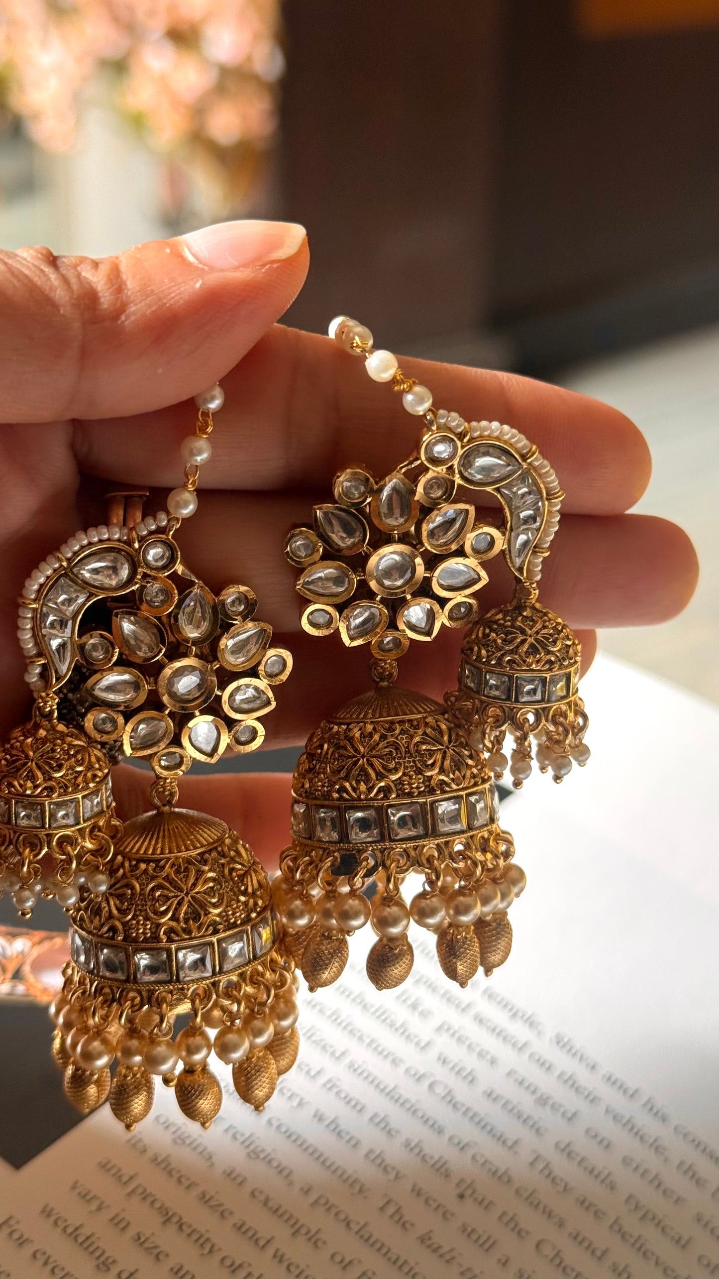 Pearl victorian rajwada jhumki with ear chain