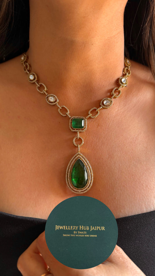 Emerald tear drop long pendant minimal necklace