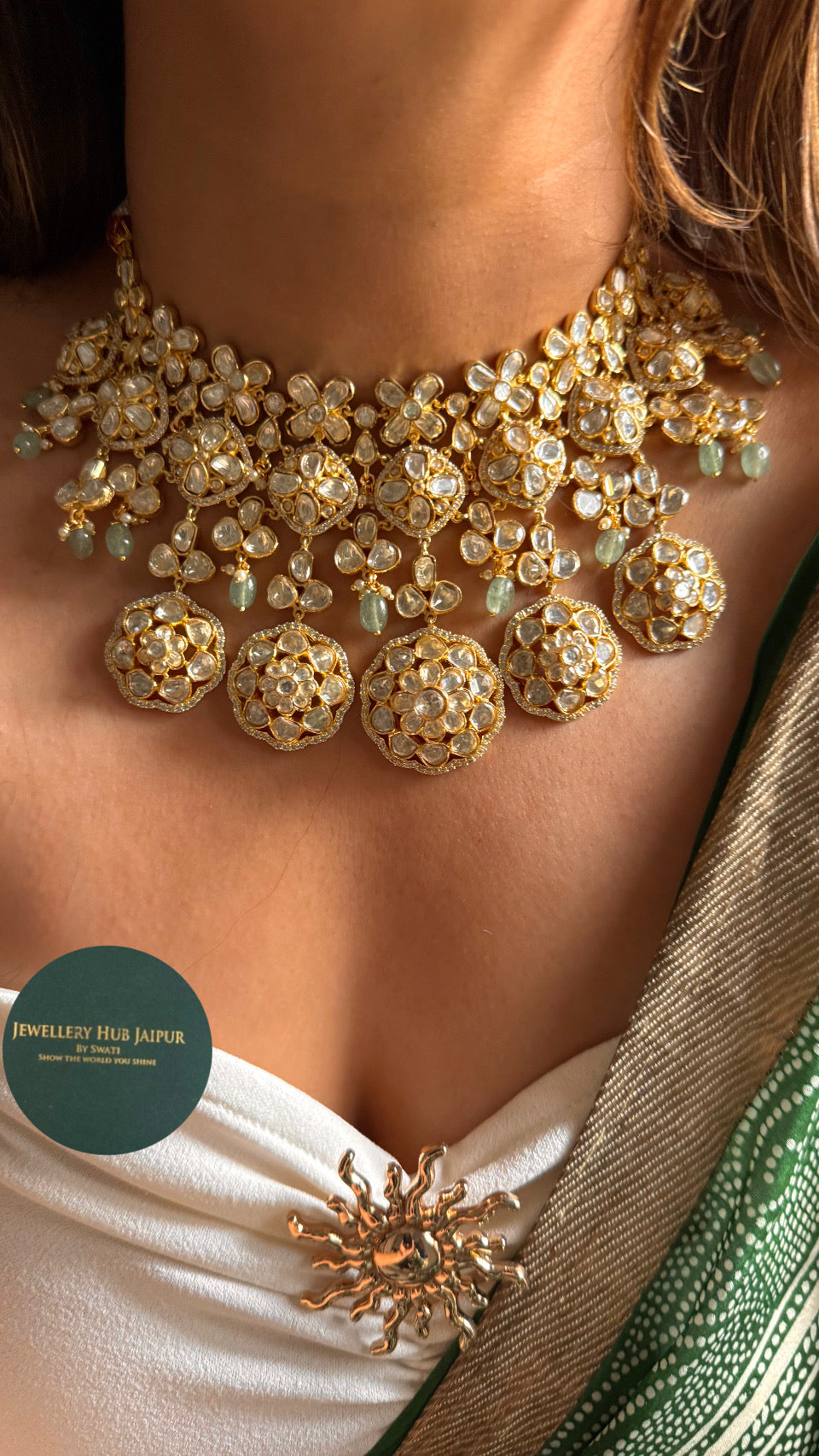 Real Moissanite with peeli polki mint drops necklace