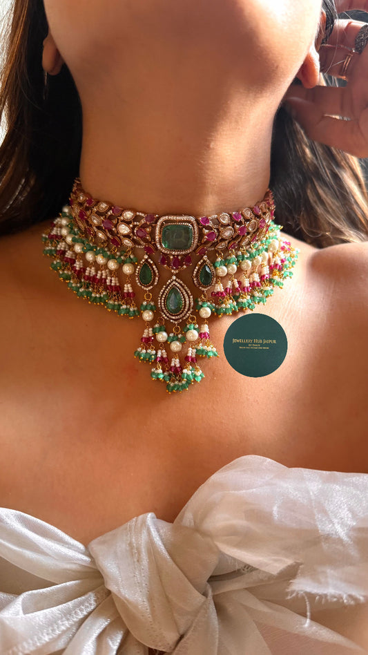 Mint doublet & rani pink Moissanite uncut polki choker set