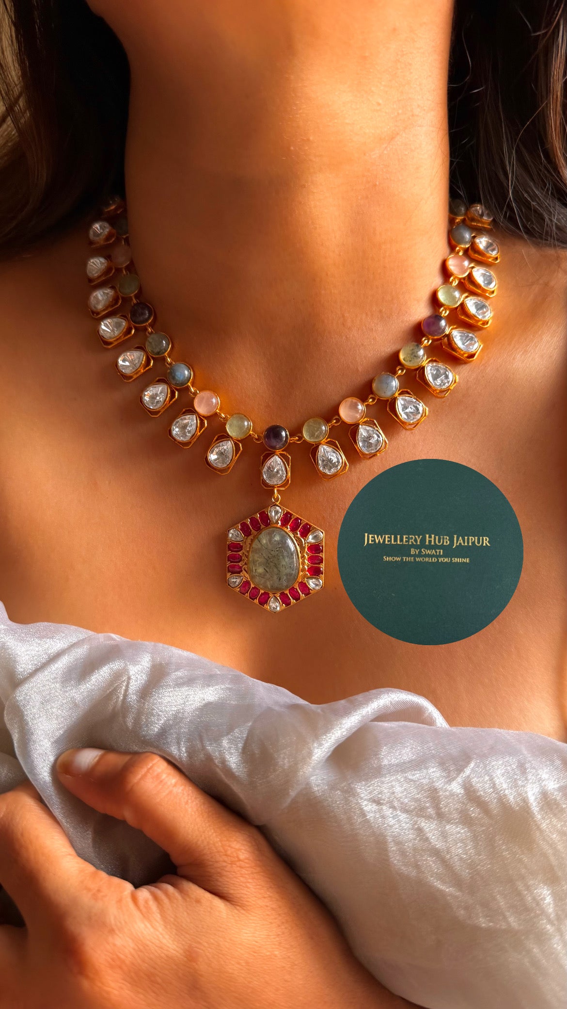 Amrapali inspired Natural stone Mint doublet with navratna collar set