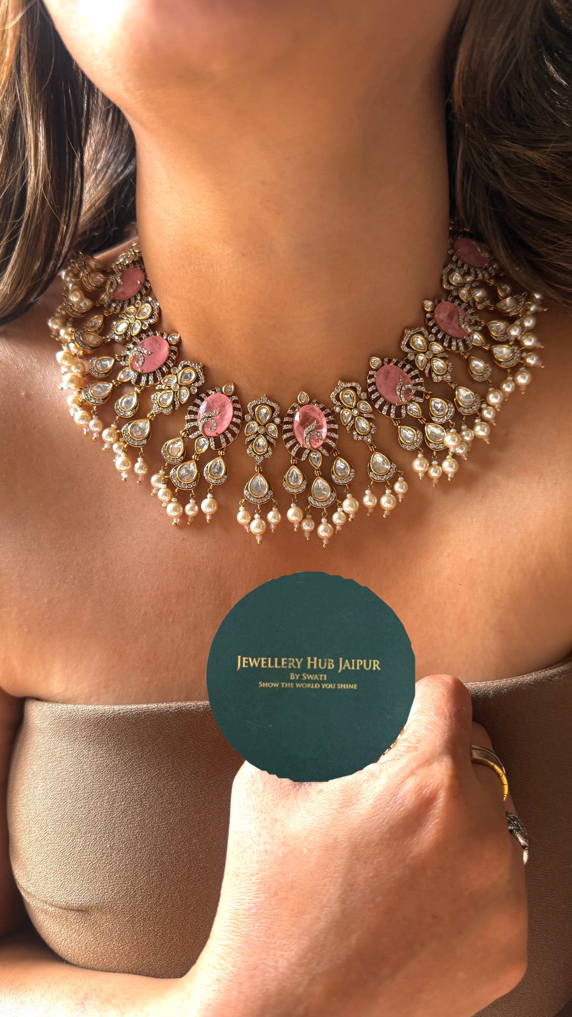 Rose Quartz victorian collar necklace with pearl detailing