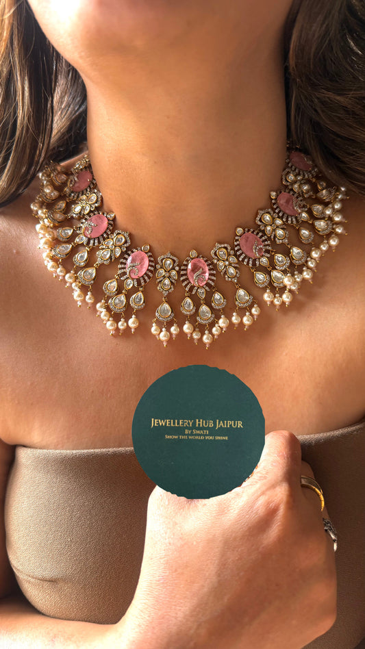 Rose Quartz victorian collar necklace with pearl detailing