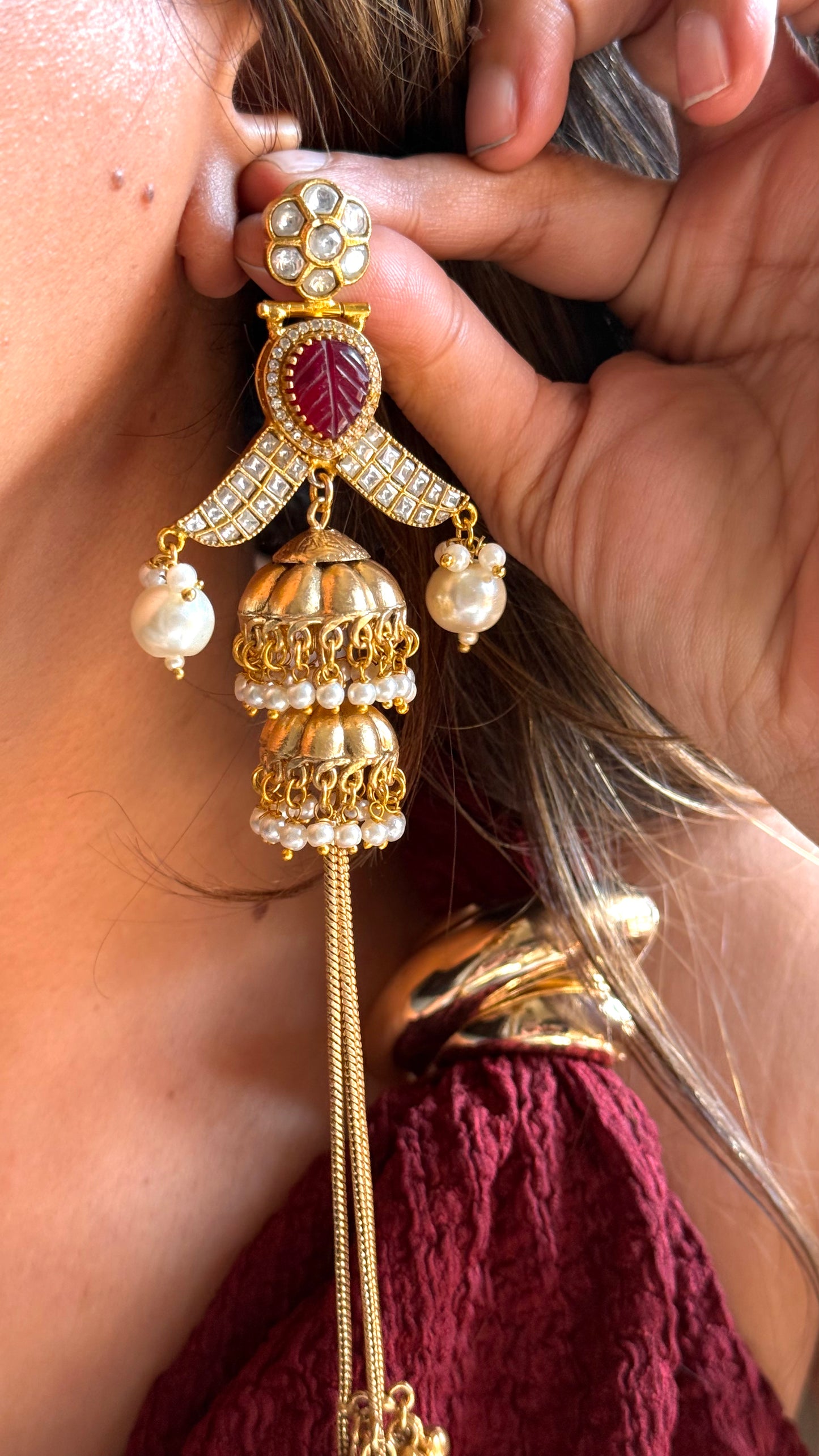 Amrapali inspired ruby long dangler jhumki