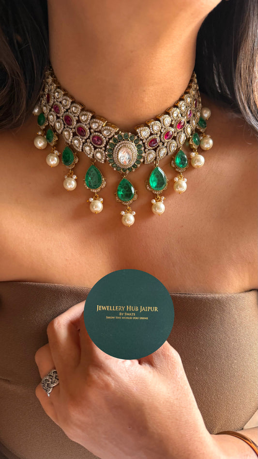 Emerald & Rani pink ruby with pearl detailing choker Necklace