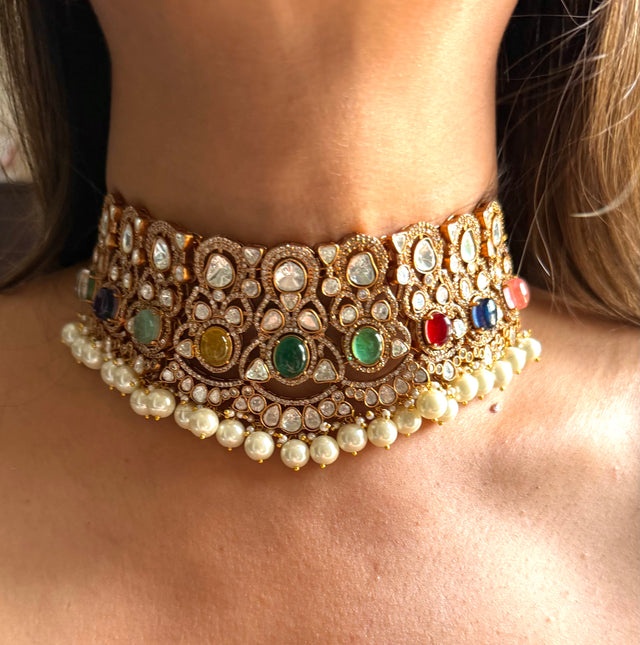 Navratna moissanite with pearl drop choker