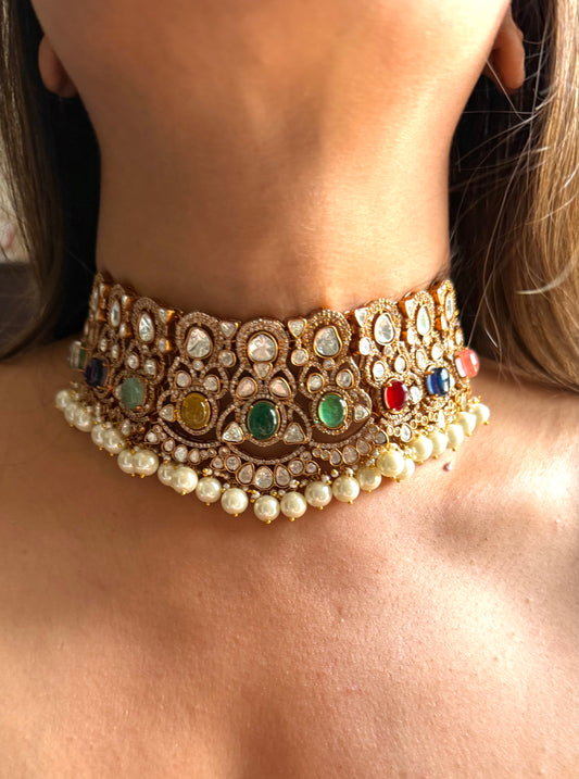 Navratna moissanite with pearl drop choker
