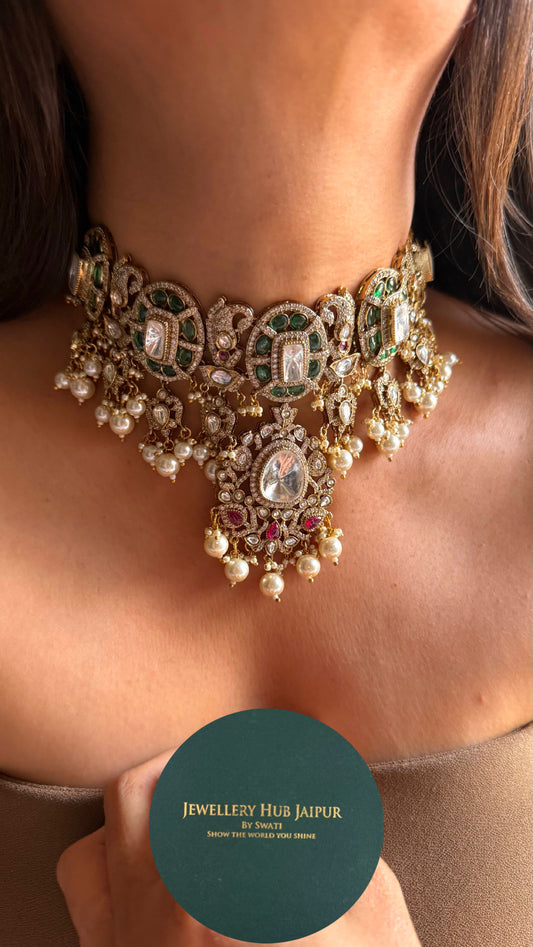 Bridal asia real Moissanite emerald & ruby necklace