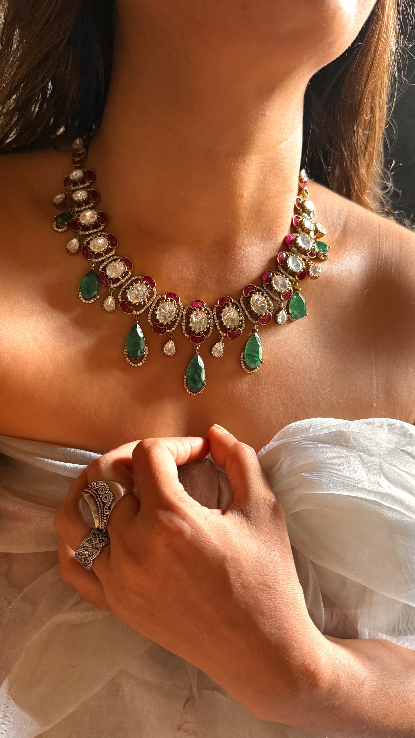 Emerald doublet drop with ruby katdana polki collar set