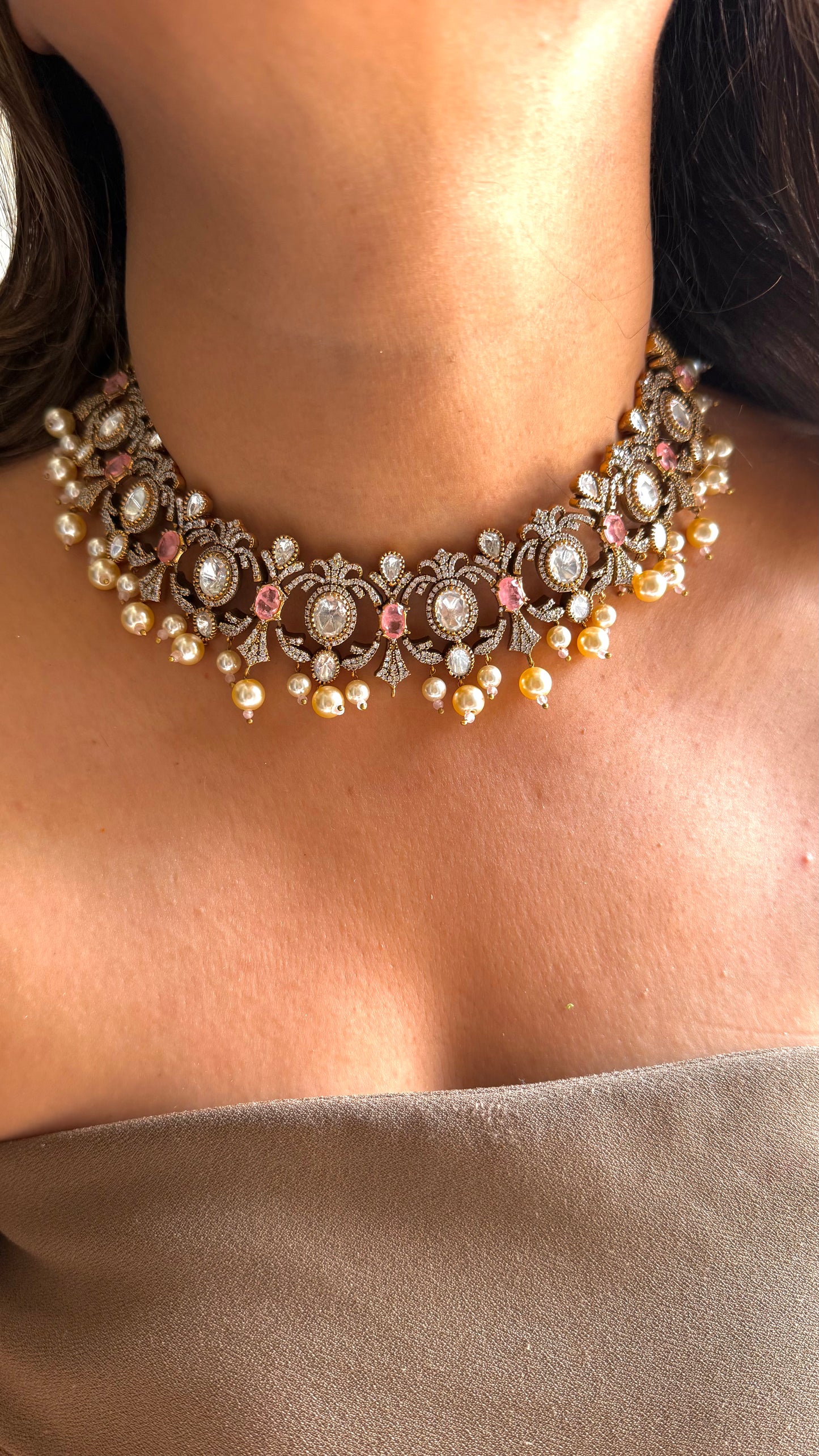 Rose Quartz victorian necklace with pearl detailing