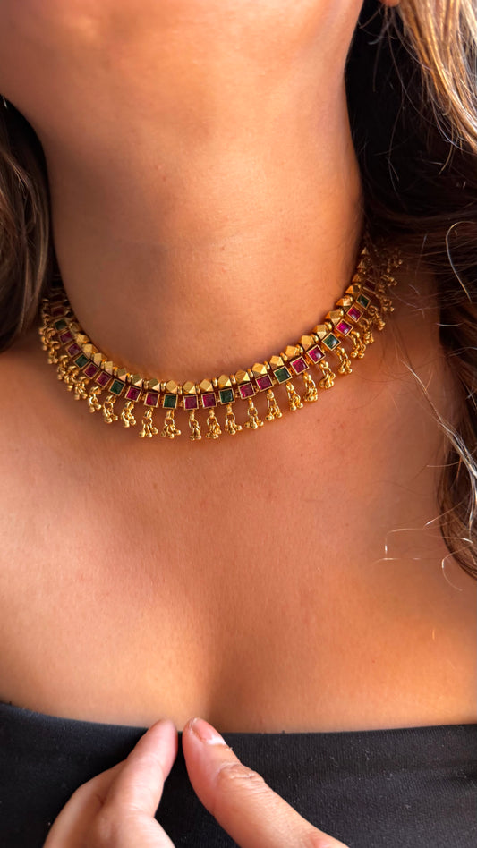 Maharashtra, Emerald and Ruby jhalar detailing Necklace