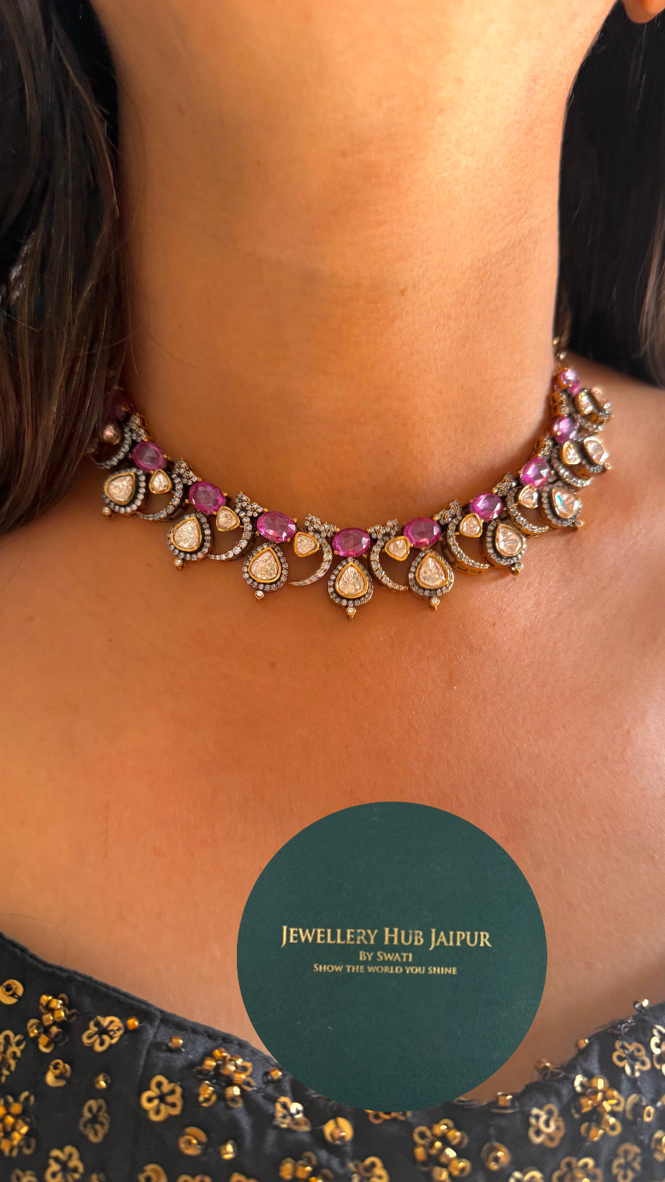 Rani pink moissanite peeli polki collar minimal set