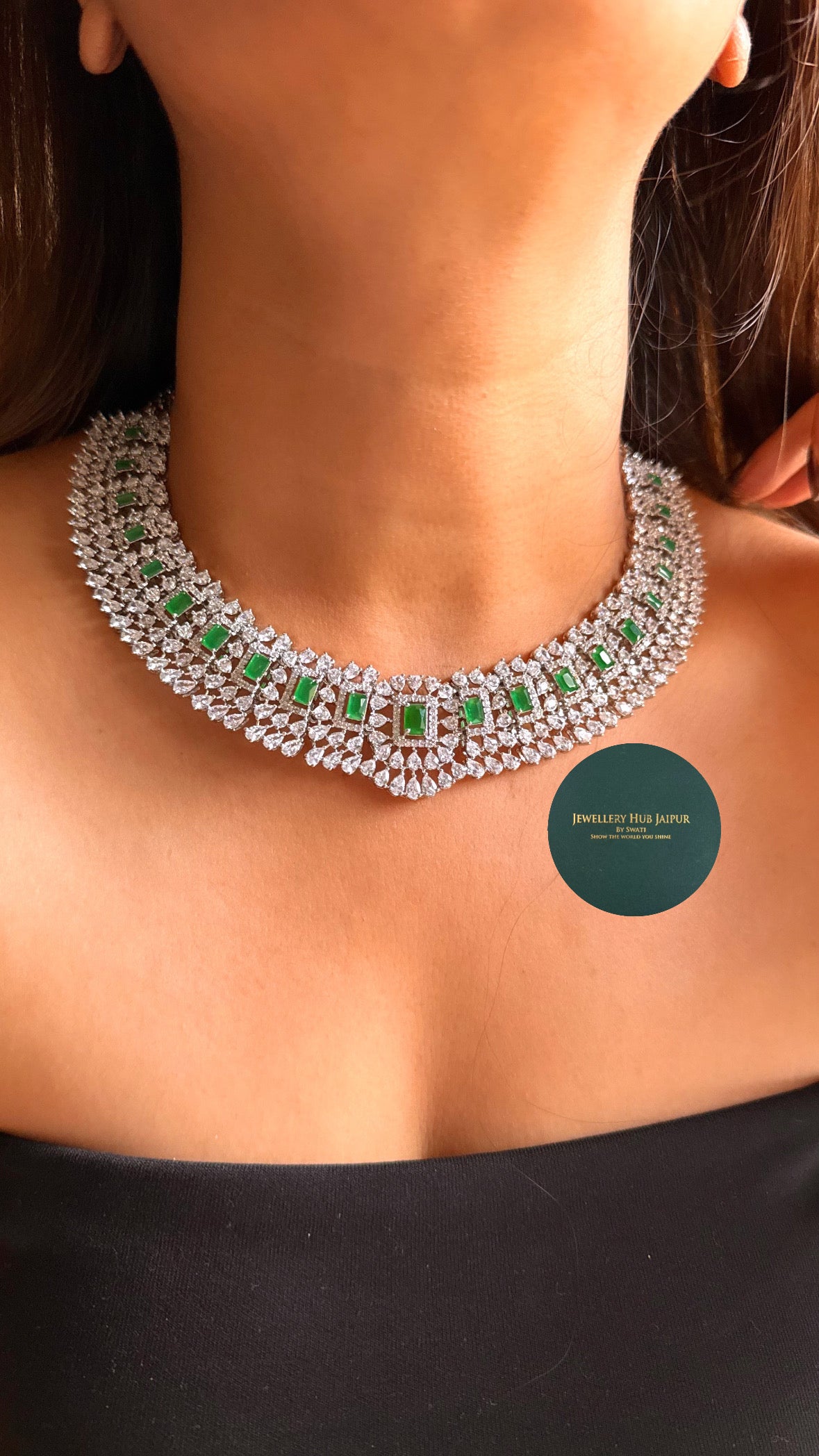 Emerald doublet cz diamond necklace