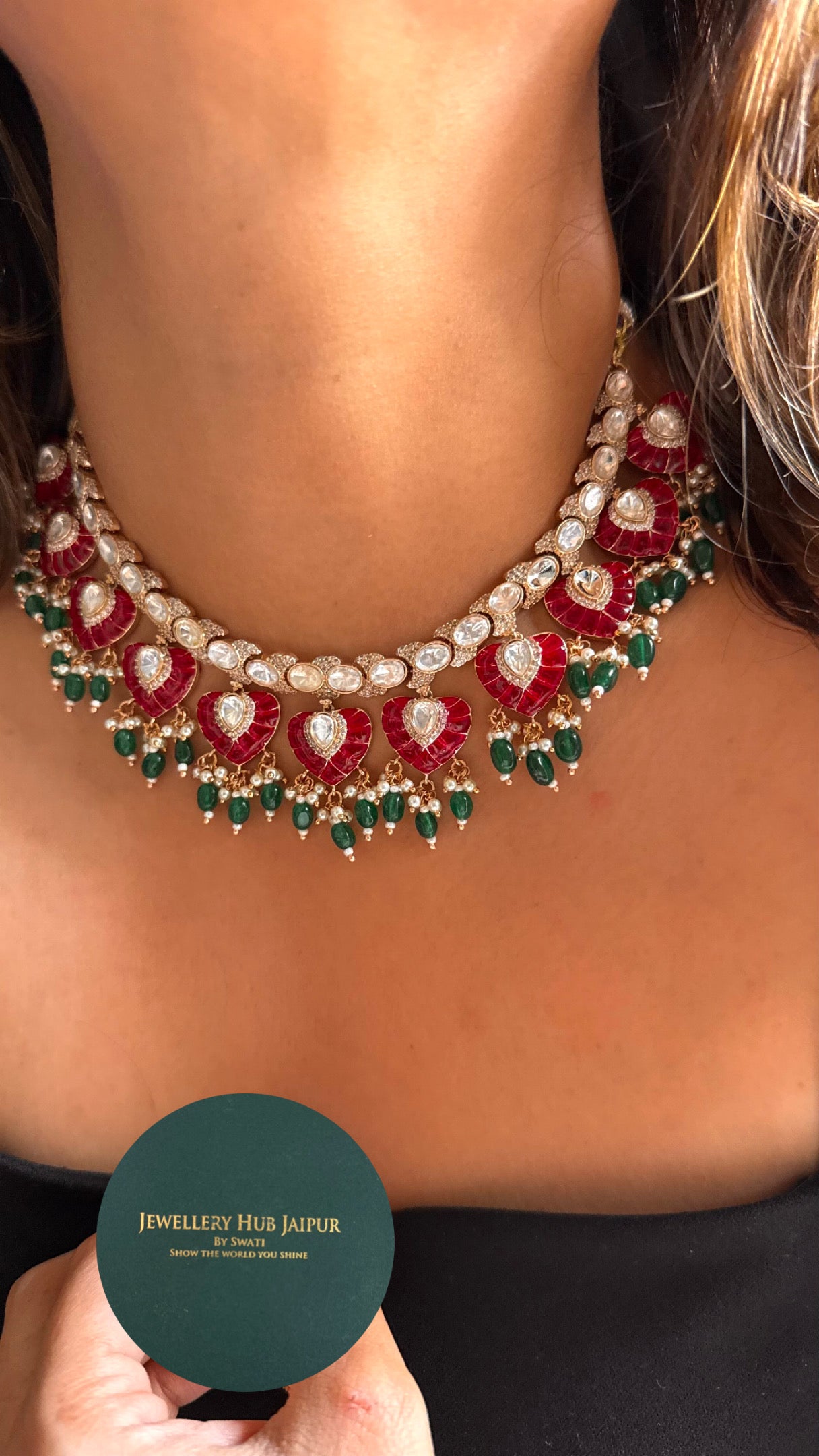 Rani pink ruby with emerald drops collar necklace