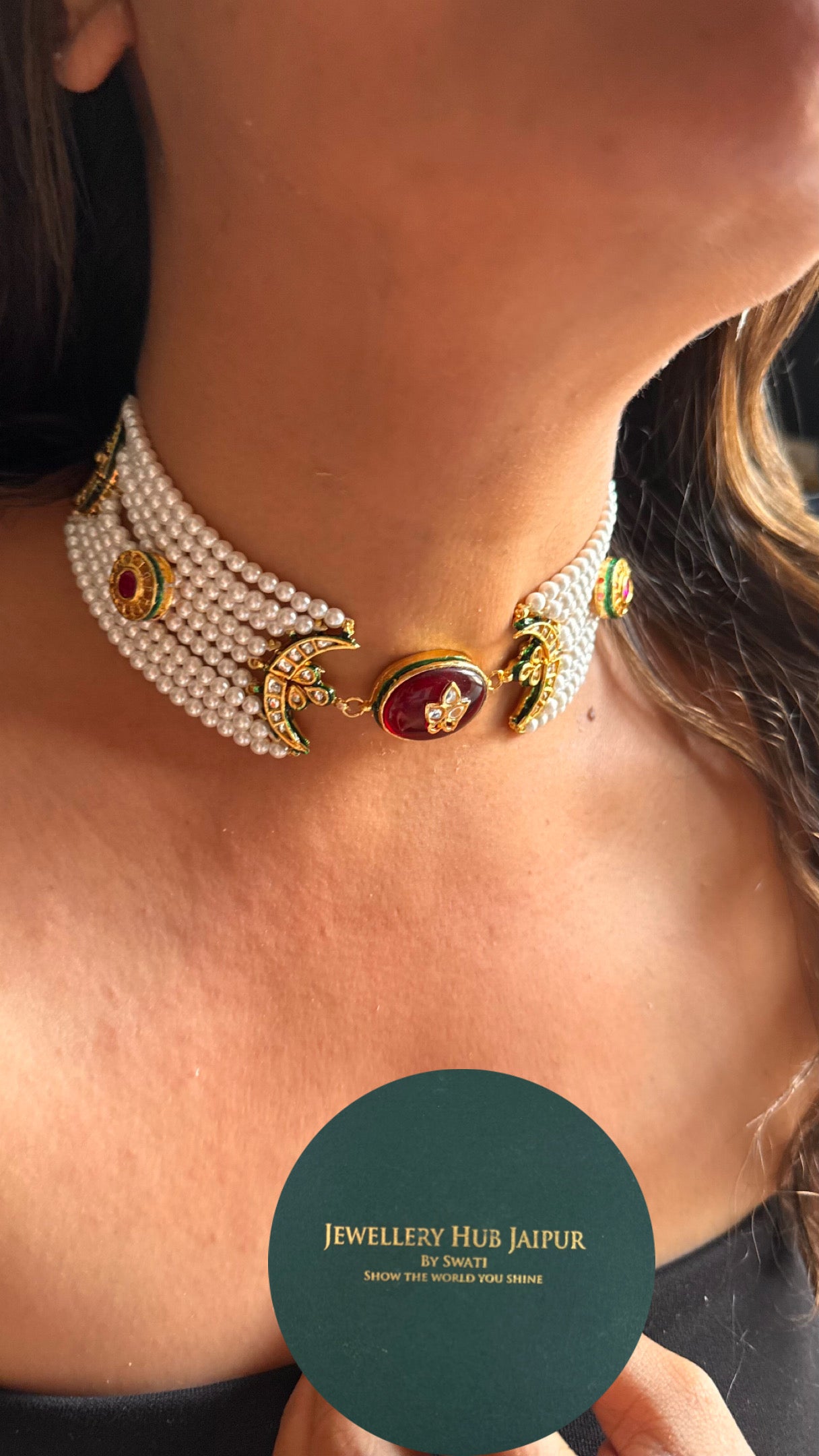Ruby inlay meenakari work with half moon choker necklace set