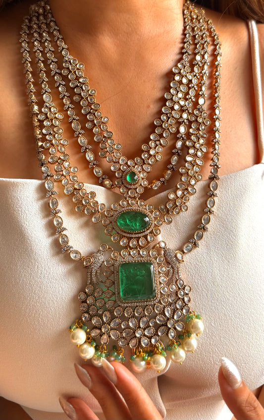 Leela Emerald doublet moissanite floral layered long maharani set