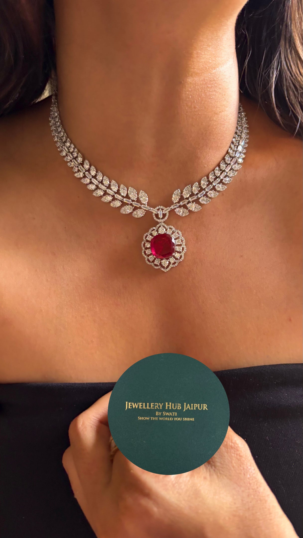 Ruby Designer cz leafy crystal necklace