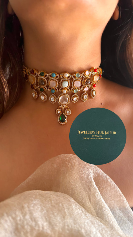 Navratna doublet & moissanite designer choker set