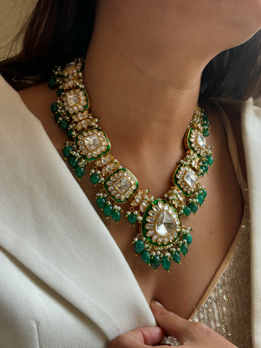 Emerald kundan meenakari necklace