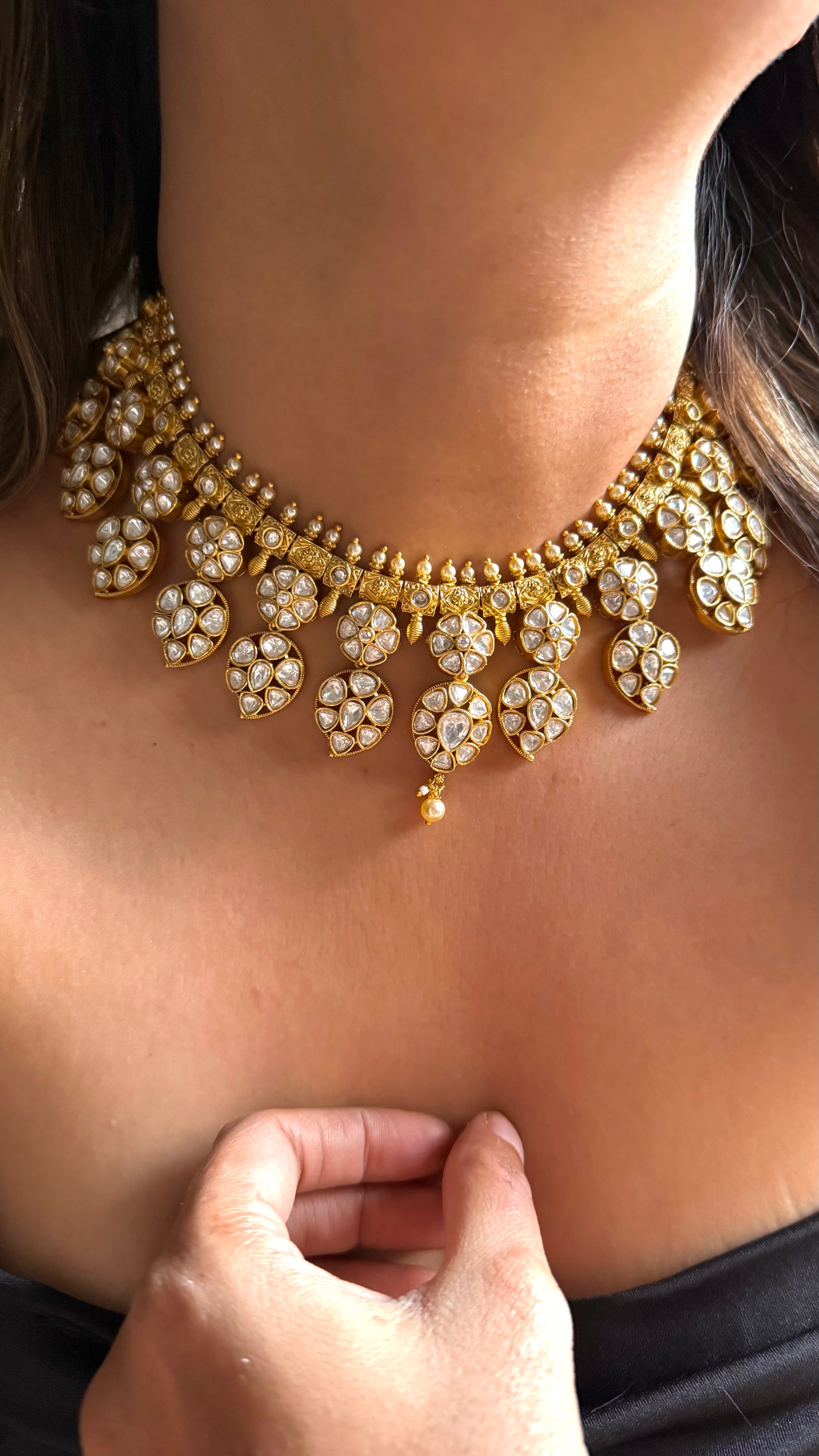 Heritage Floral polki necklace with pearl detailing