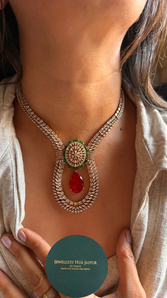 Emerald & ruby doublets with cz diamond designer necklace