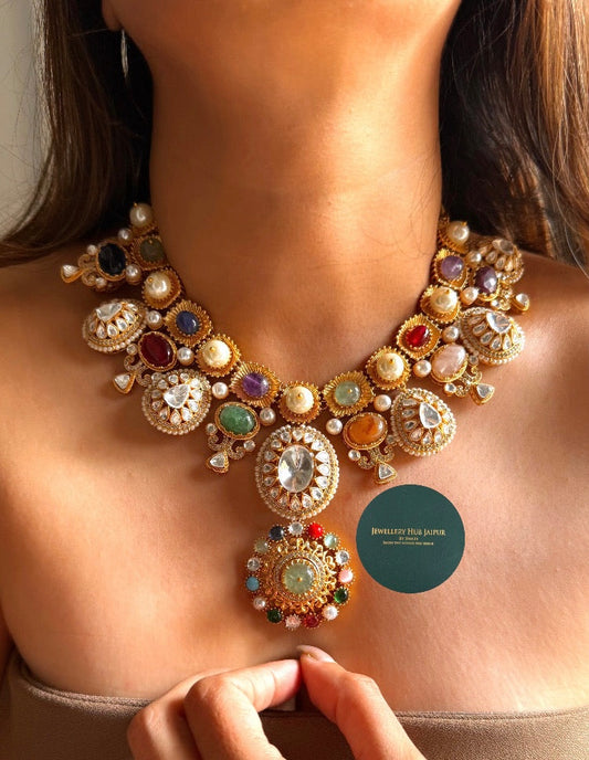 Sabyasachi inspired Navratna & moissanite polki collar set