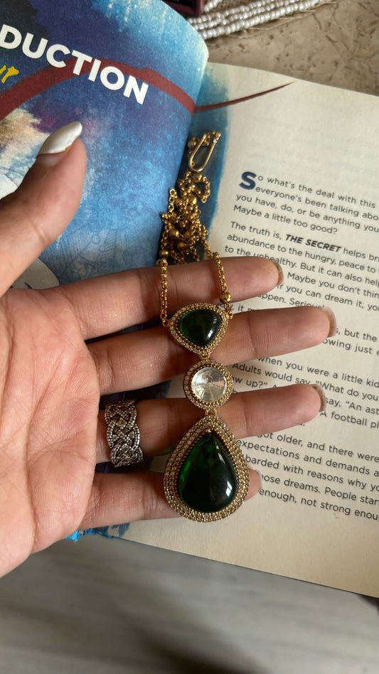 Emerald long chain necklace set