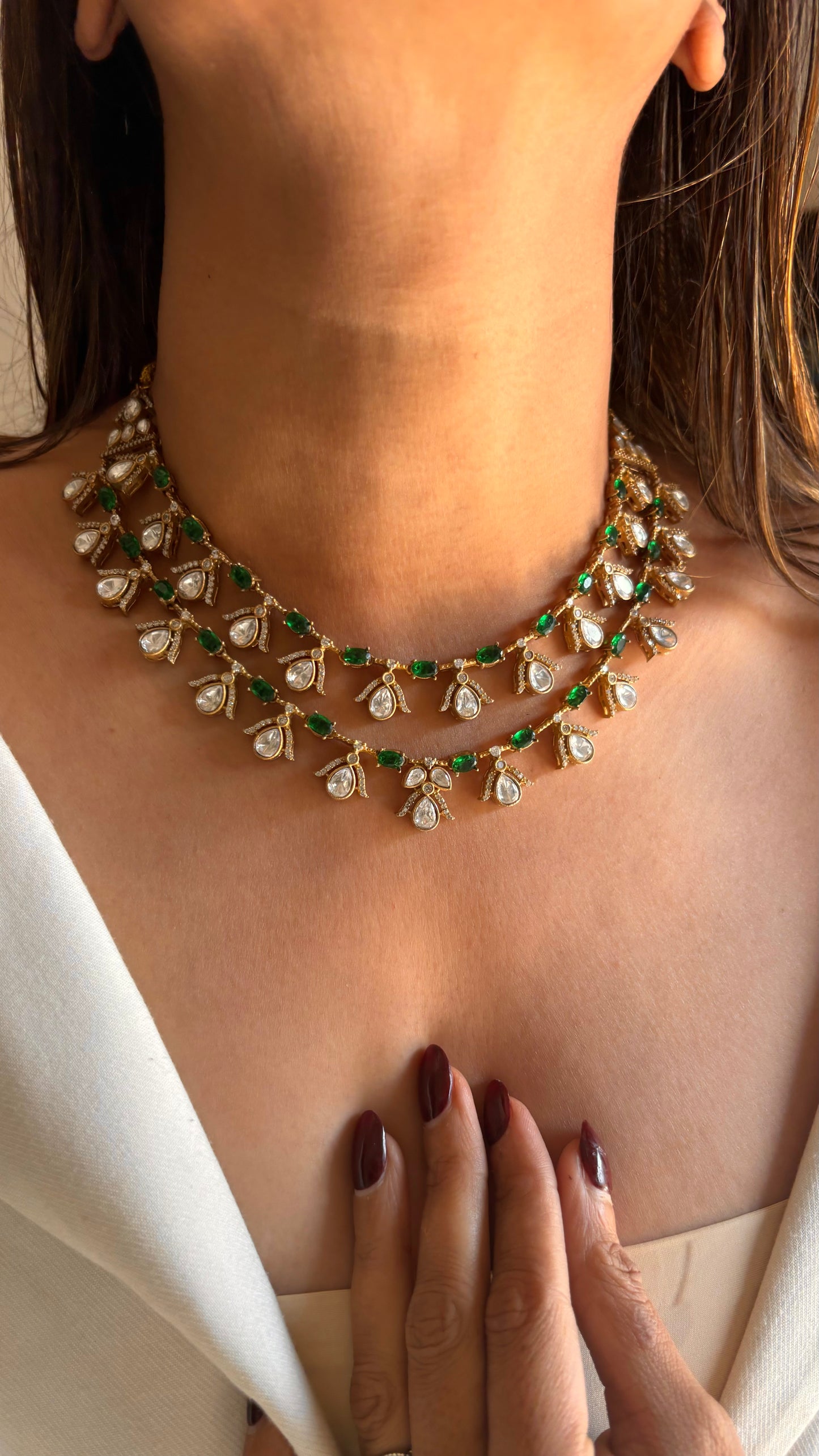 Bhavya Dual line emerald moissanite necklace