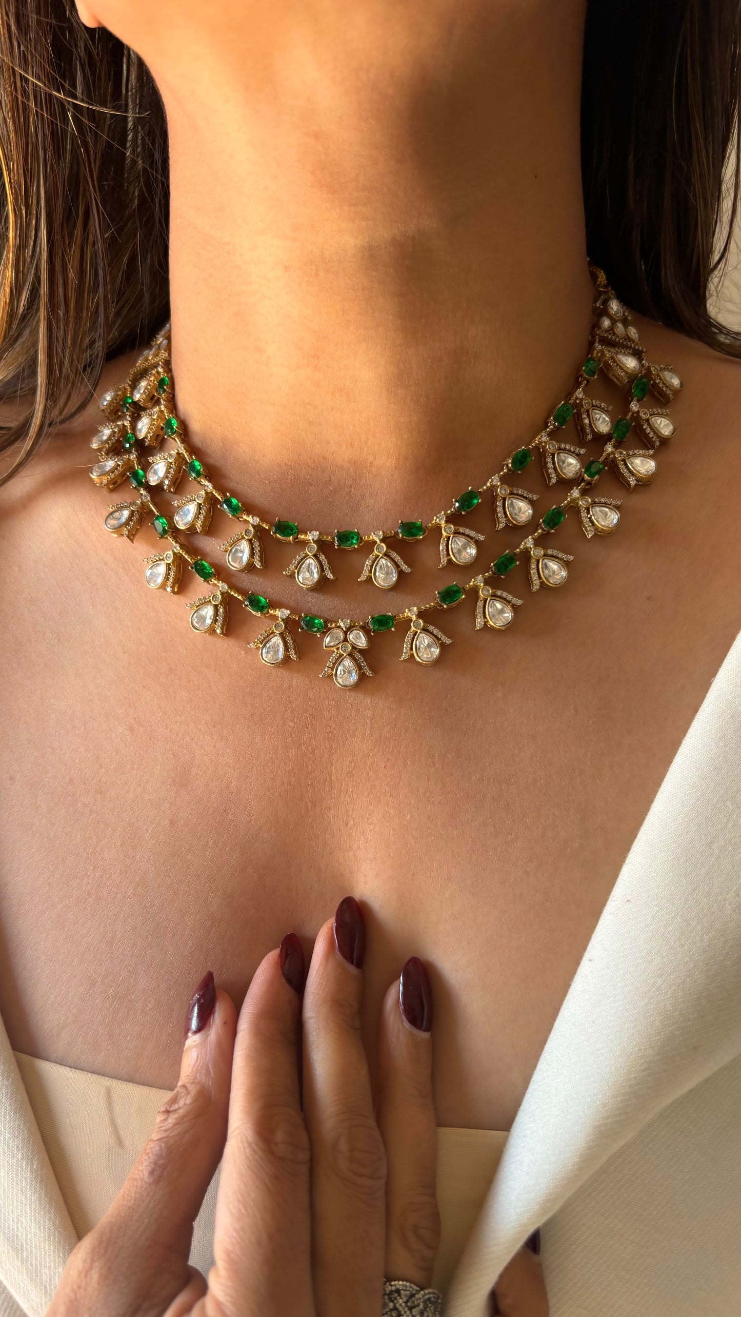 Bhavya Dual line emerald moissanite necklace