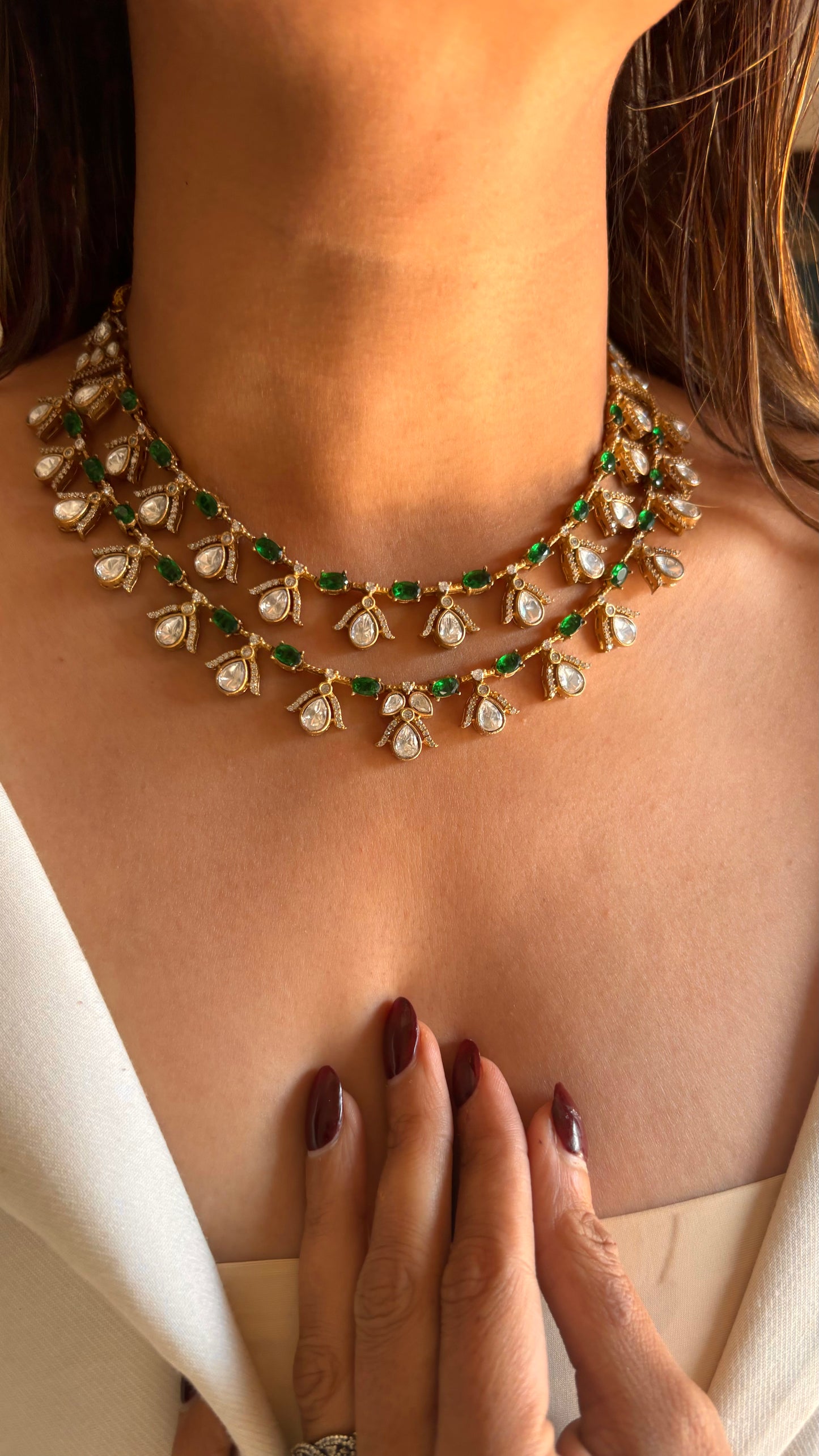 Bhavya Dual line emerald moissanite necklace