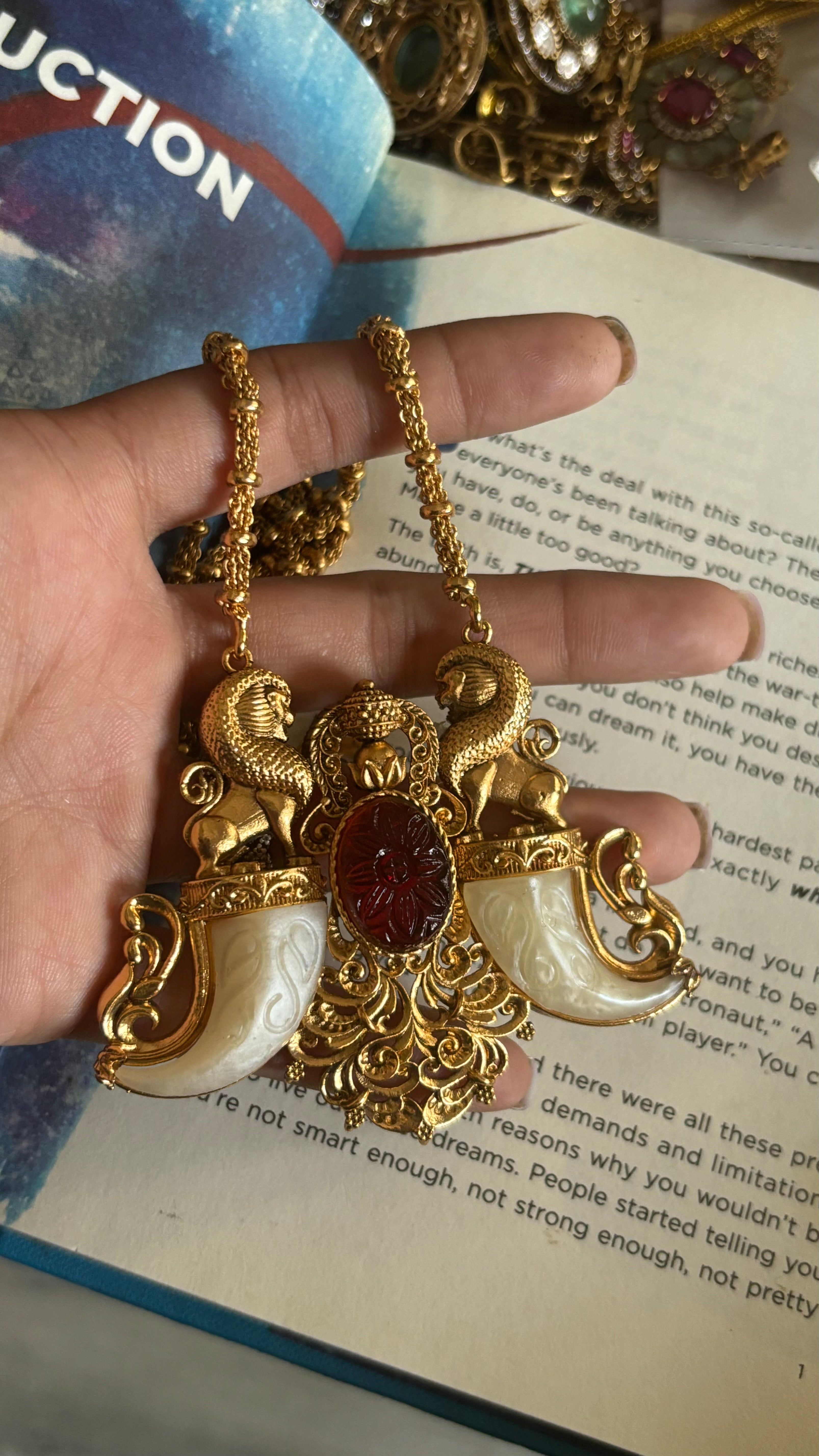 Ruby and off-white victorian pendant set