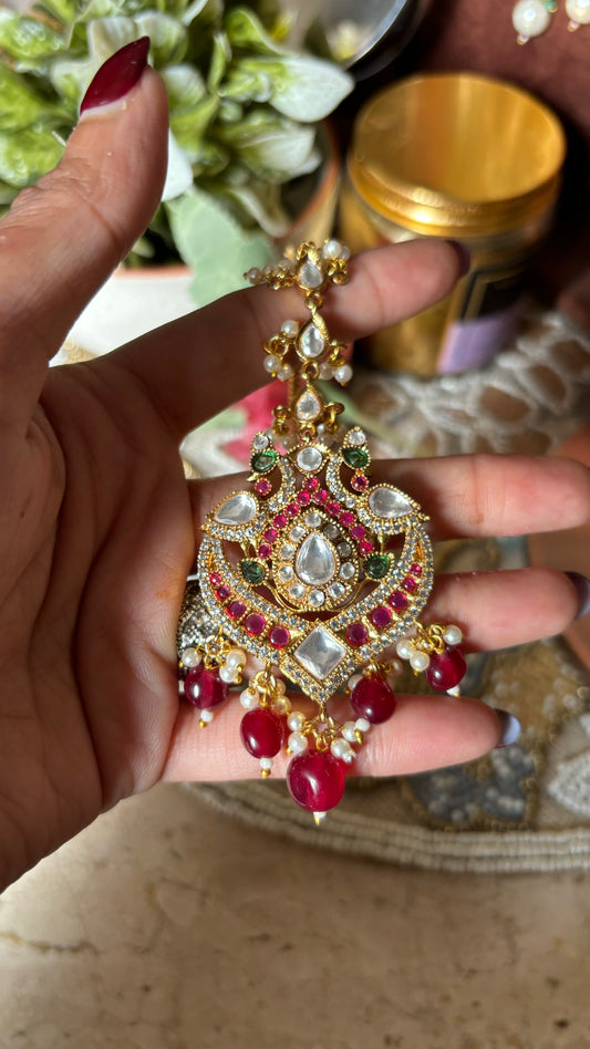 Mixed polki ruby hanging maangtika