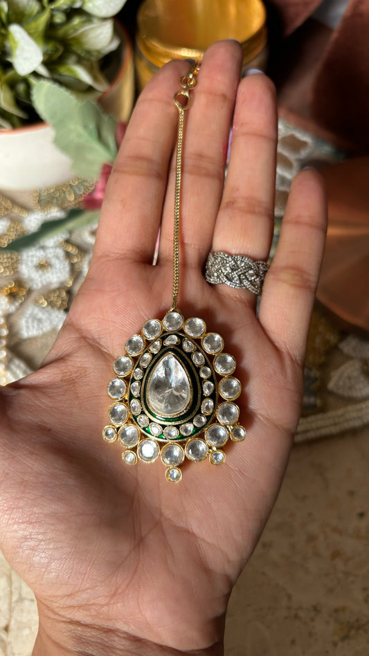 Emerald meenakari polki maangtika