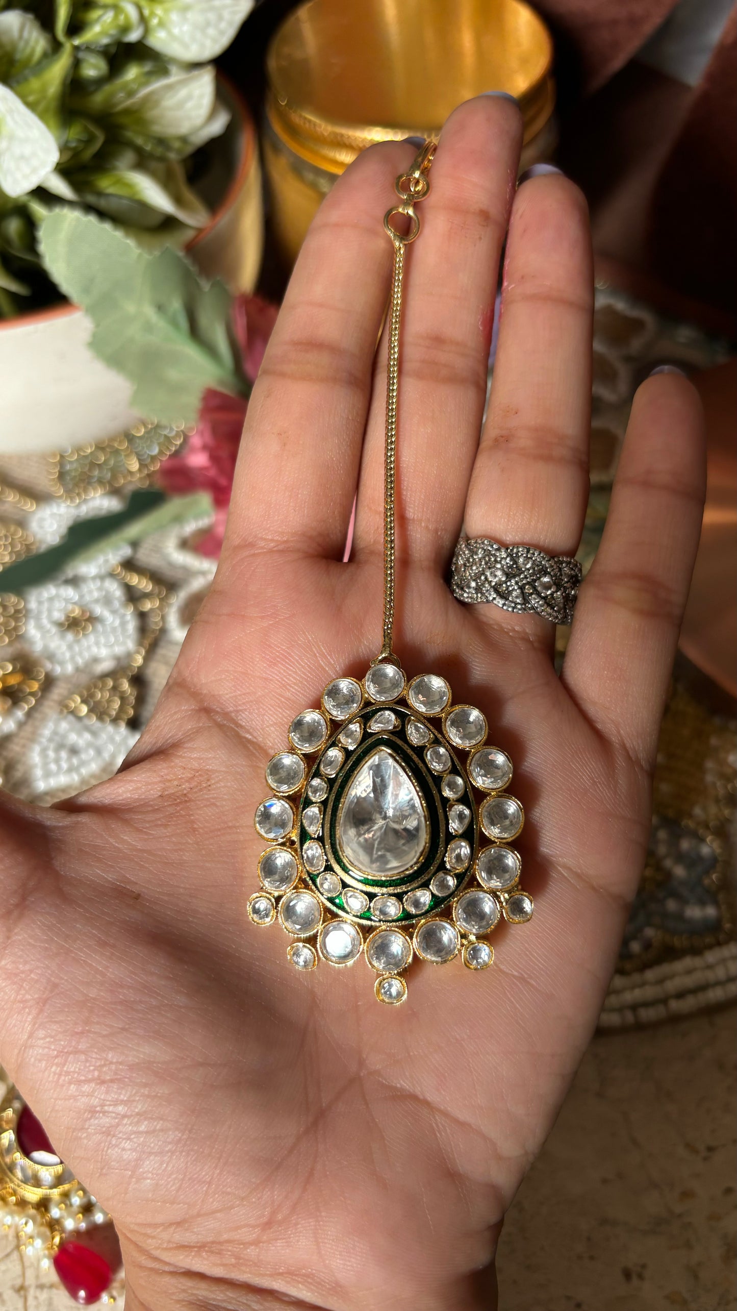 Emerald meenakari polki maangtika