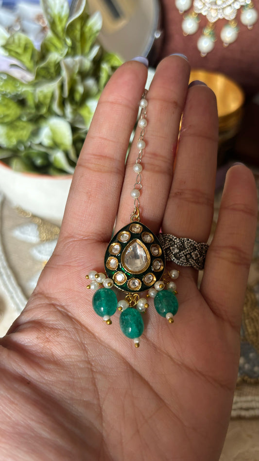 emerald polki meenakari drop shape maangtika