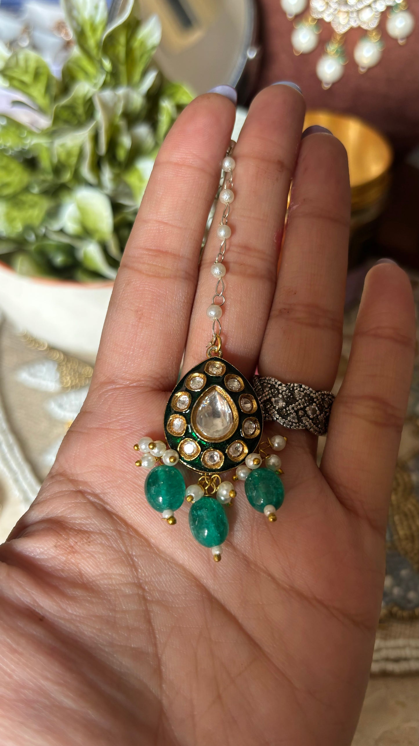 emerald polki meenakari drop shape maangtika