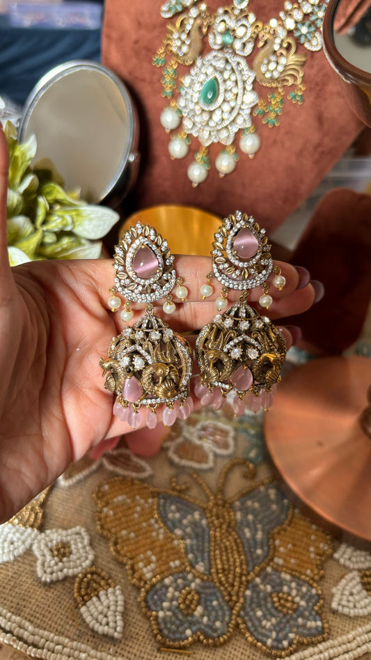 Rose quartz victorian peacock inspired designer Jhumka