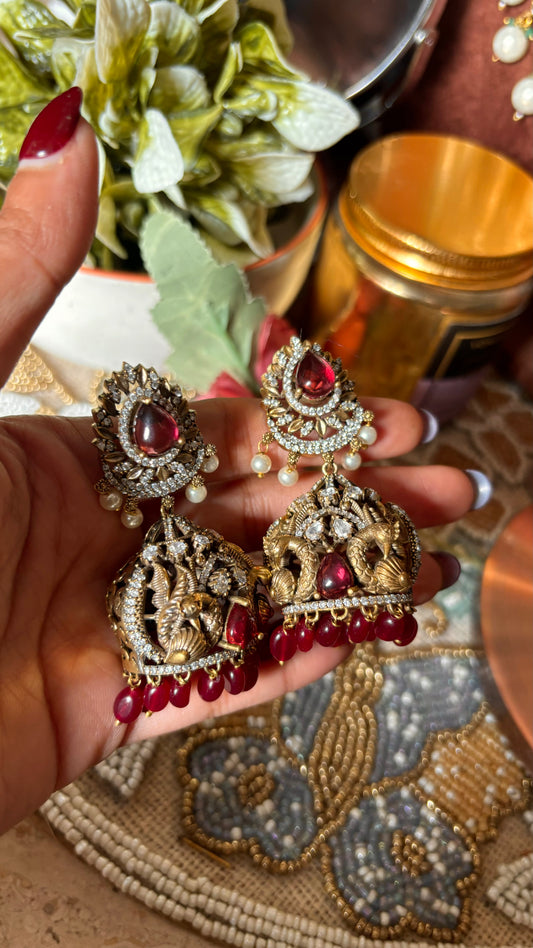 Ruby victorian peacock inspired designer Jhumka