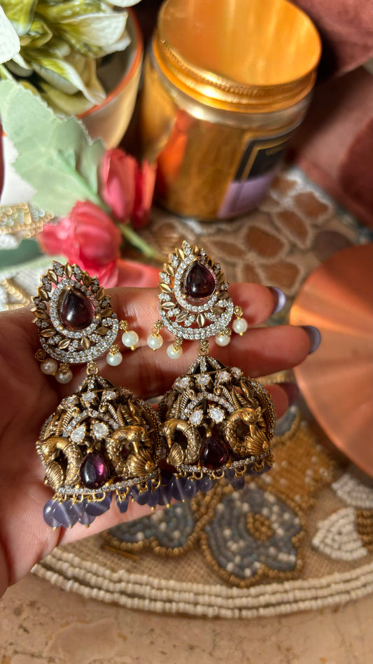 Tanzanite victorian peacock inspired designer Jhumka