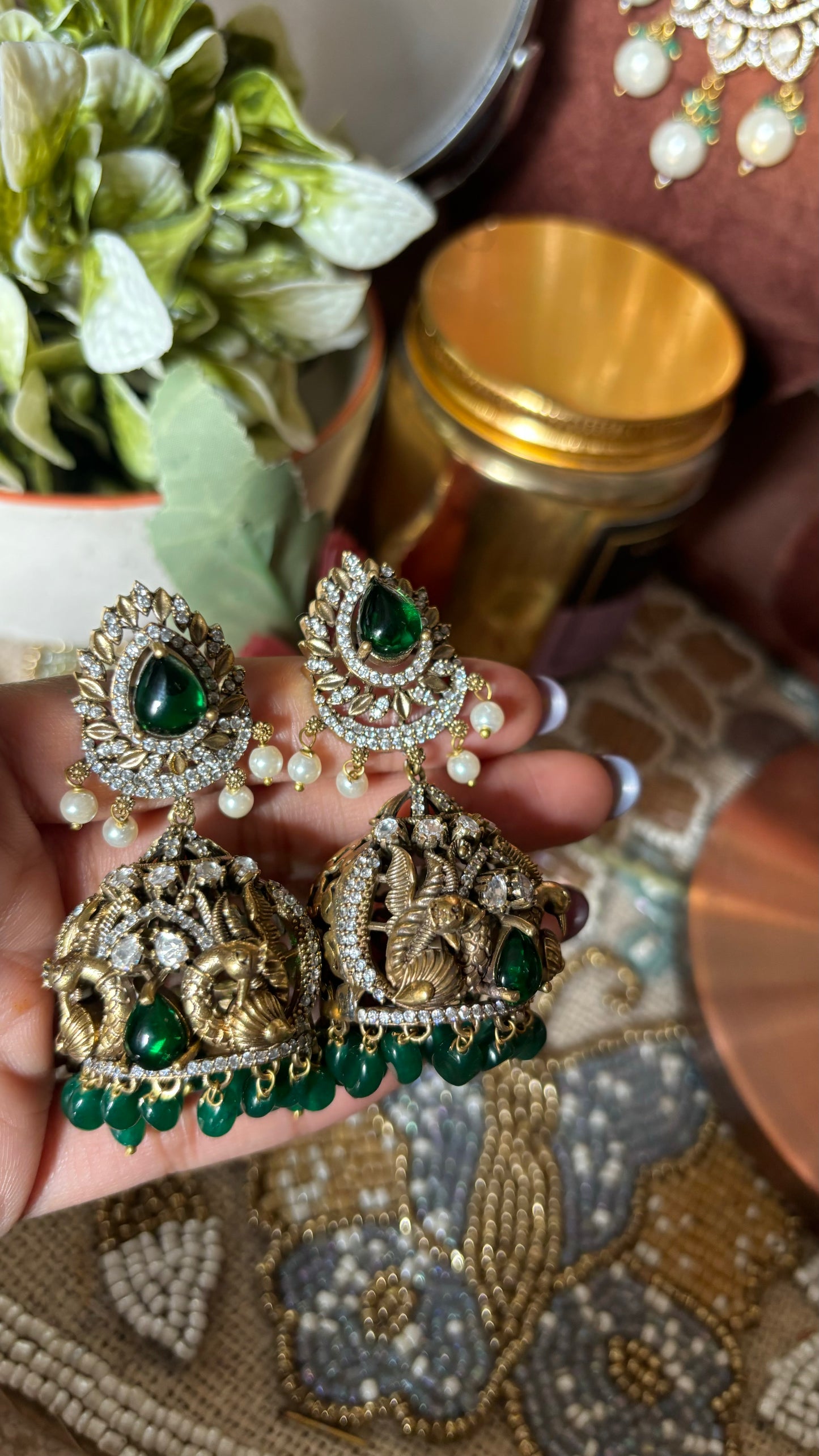Emerald victorian peacock inspired designer Jhumka