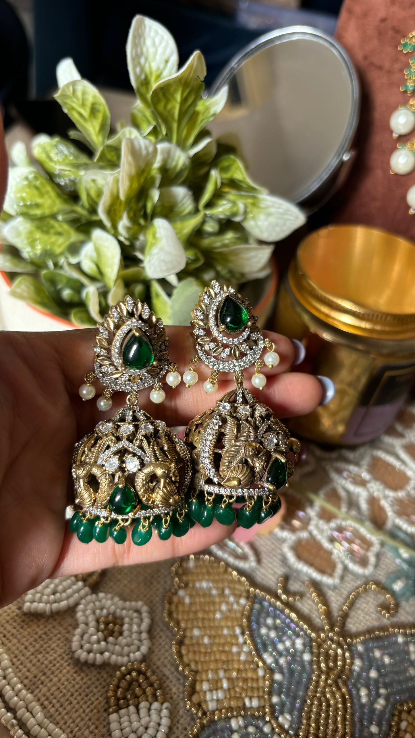 Emerald victorian peacock inspired designer Jhumka