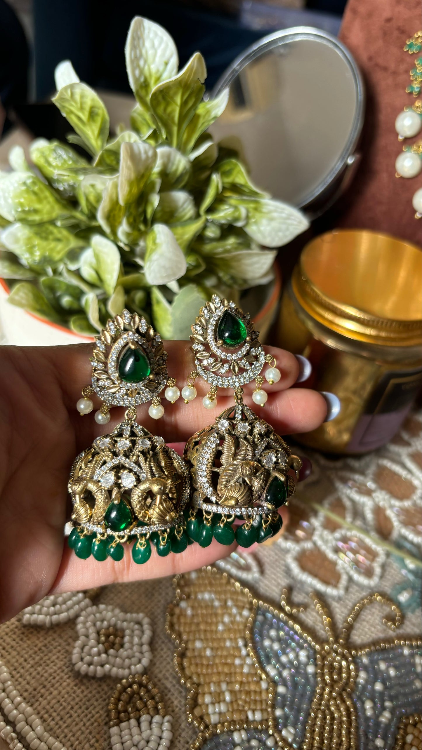 Emerald victorian peacock inspired designer Jhumka
