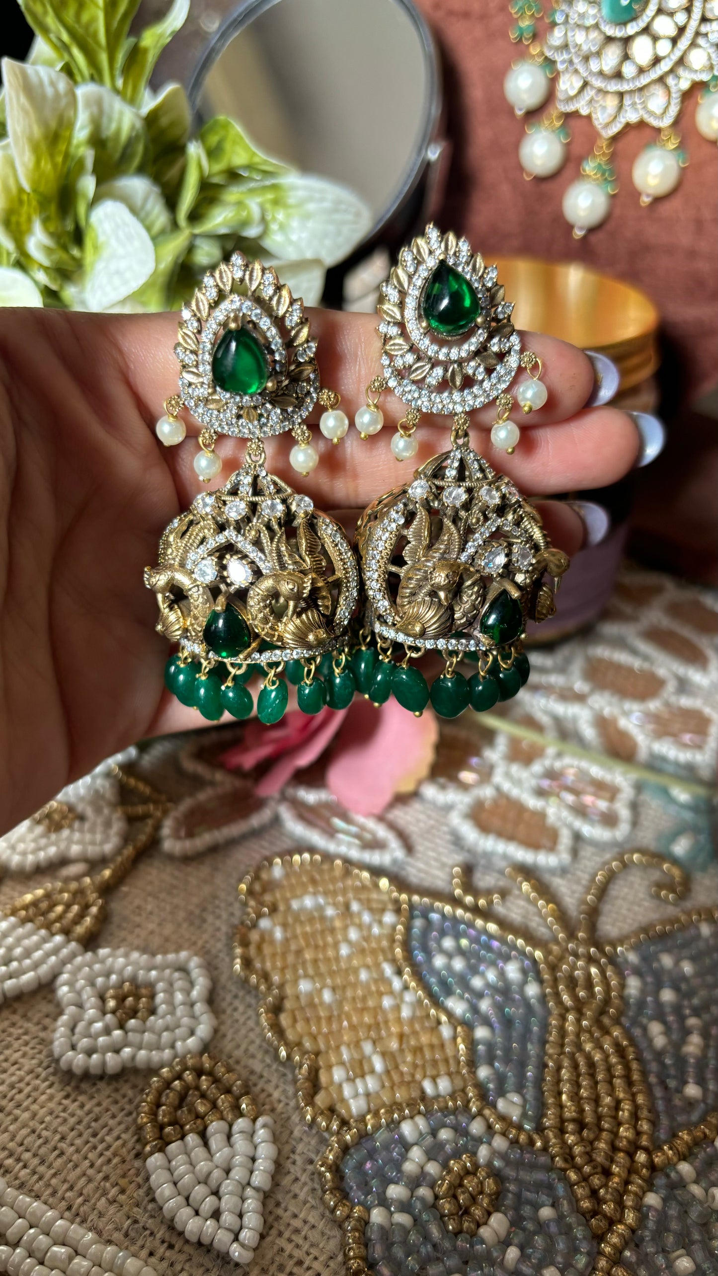 Emerald victorian peacock inspired designer Jhumka