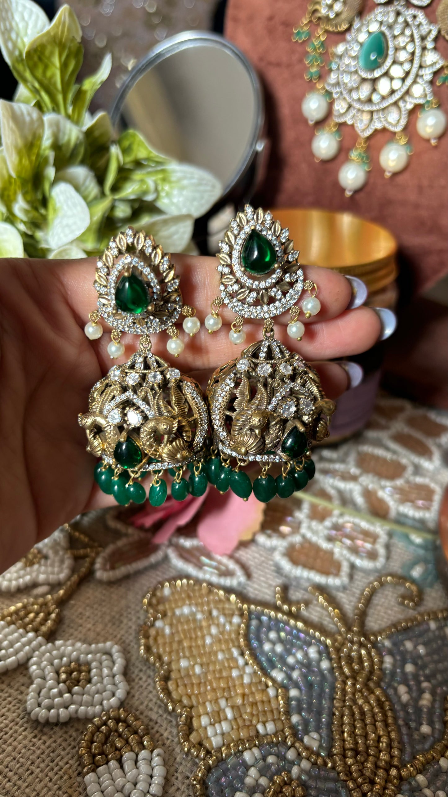 Emerald victorian peacock inspired designer Jhumka