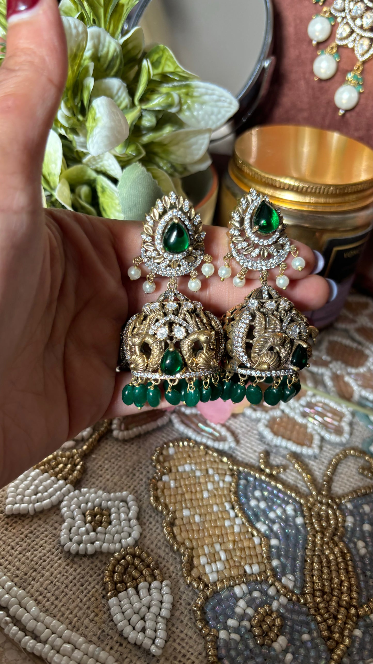 Emerald victorian peacock inspired designer Jhumka