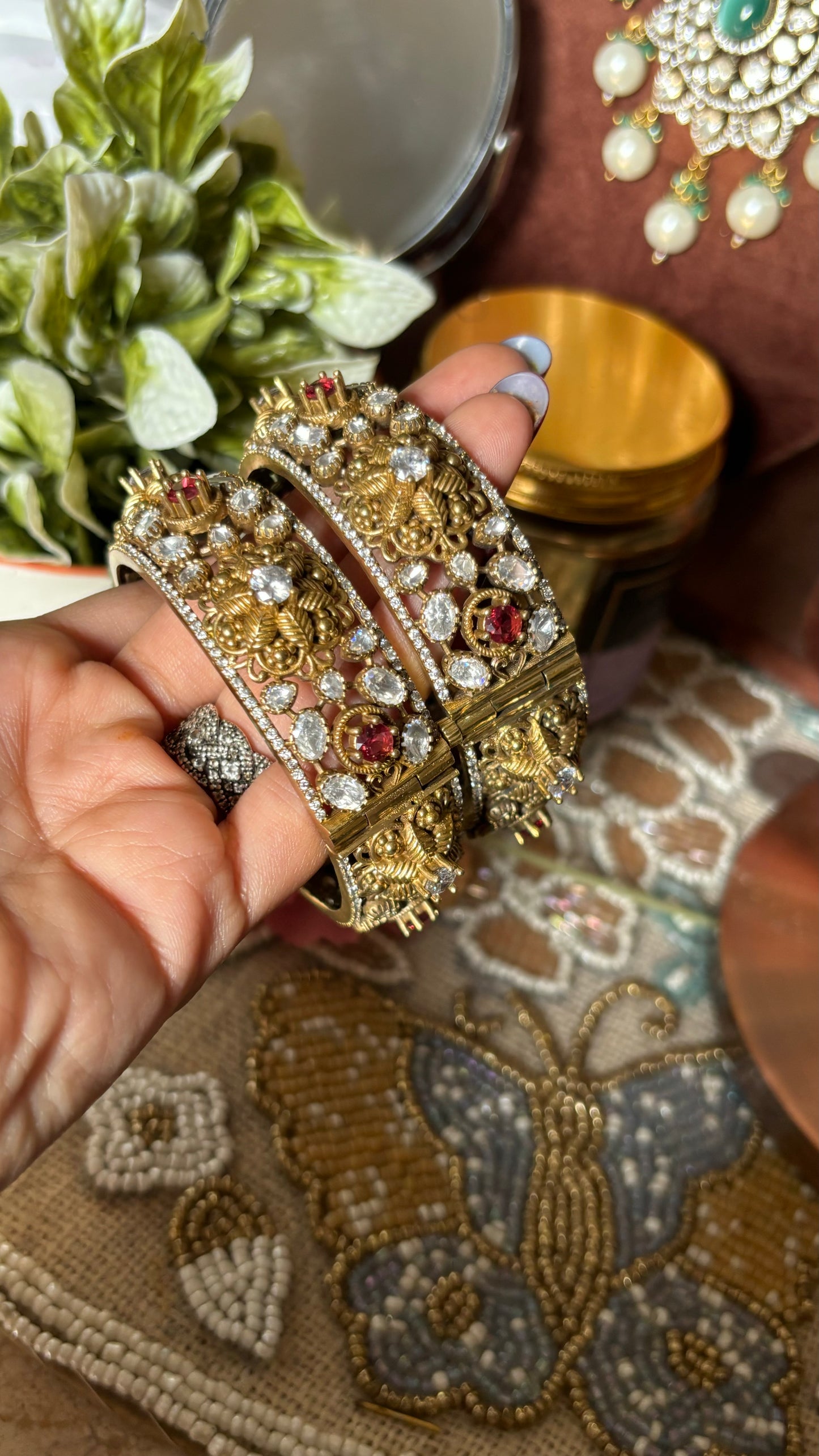 Emerald popped floral designer moissanite bangles