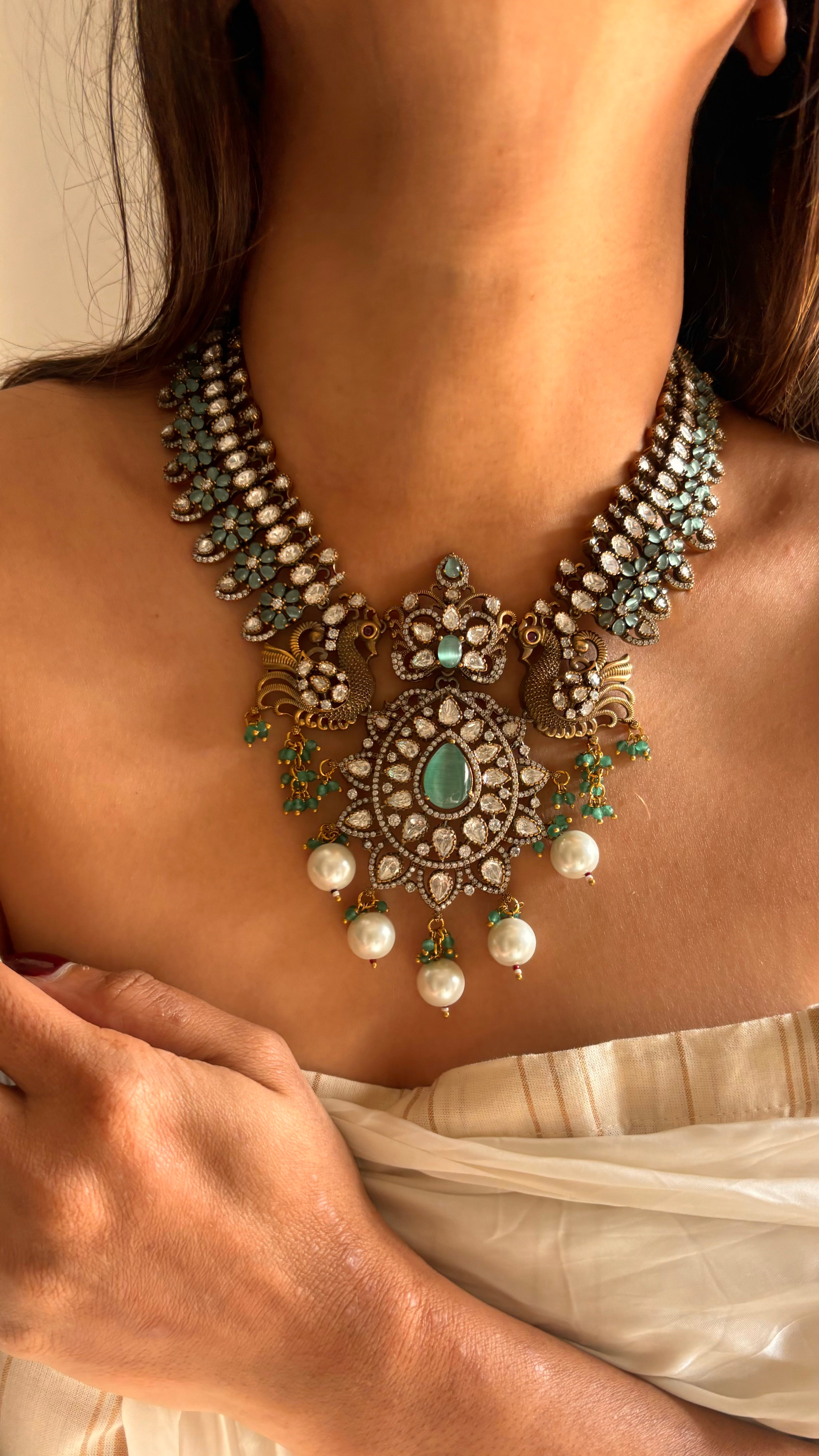 mint victorian ranikala necklace with pearl drops