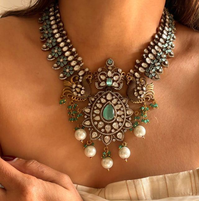 mint victorian ranikala necklace with pearl drops